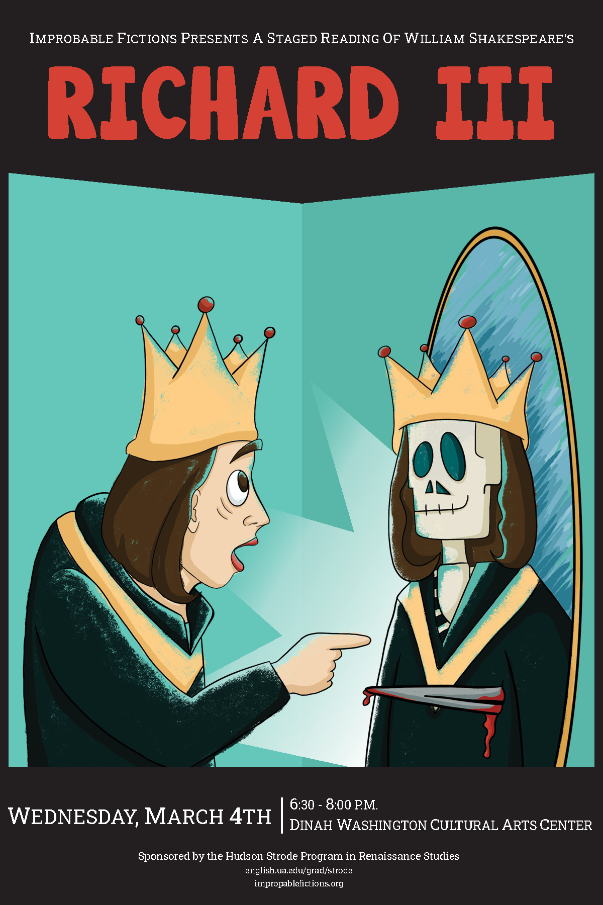 Cartoon of Richard III seeing a stabbed, skeletal version of himself in a mirror.